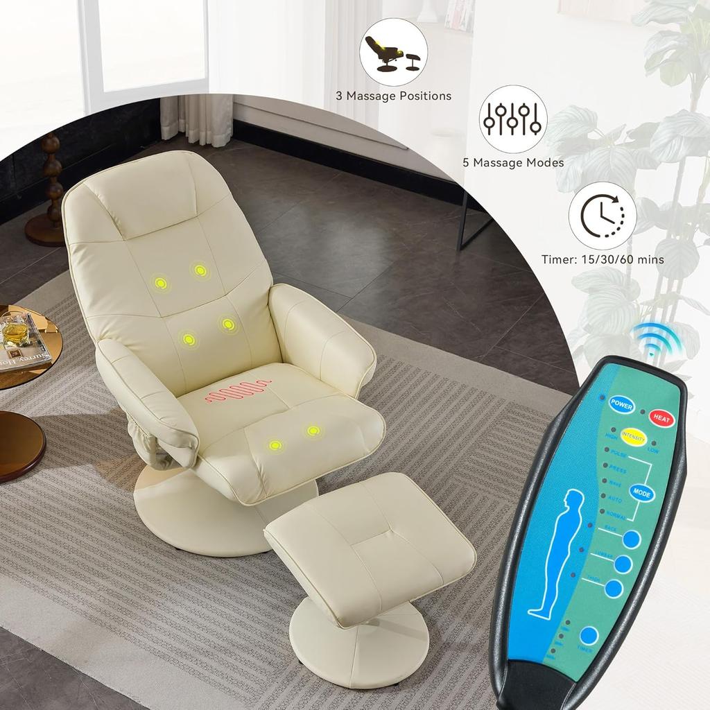 Swivel Recliner Ottoman Chair Remote Control Adjustable Vibration Massage Rocker 100-140 Reclining Living