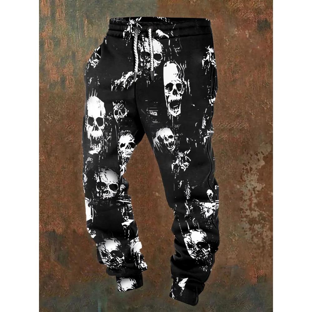 Men's casual jogging pants with drawstrings and Halloween skull prints, suitable for outdoor wear, autumn and winter fashion