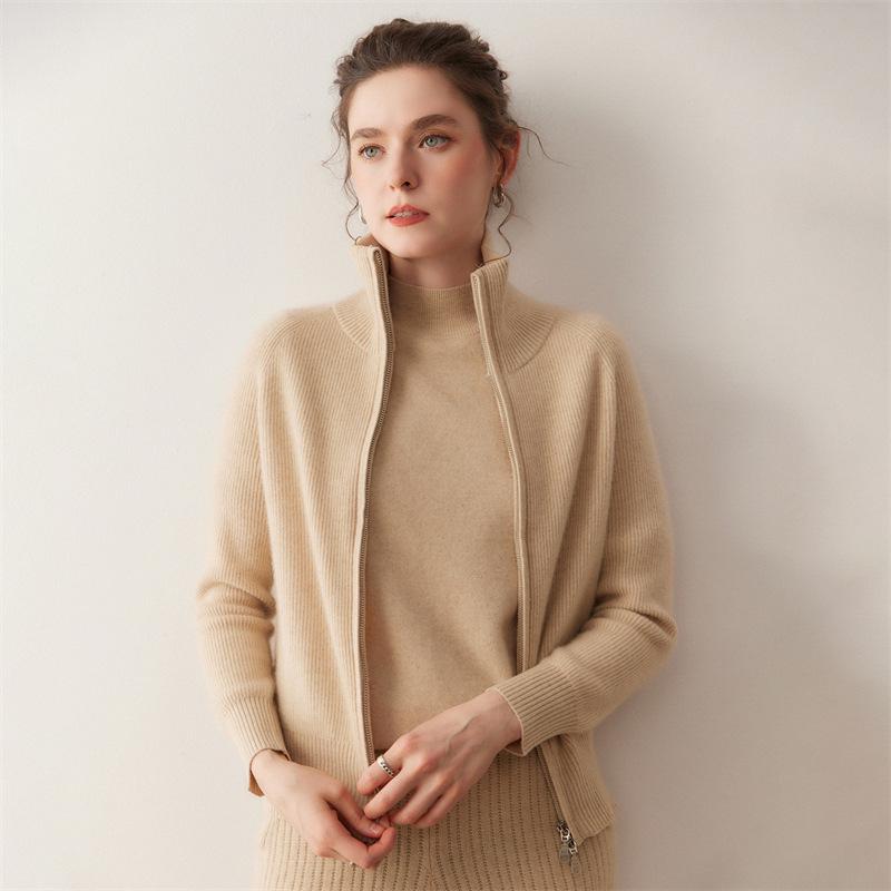 Lekasha Cashmere 2026 Stand-up Collar Women's Double Zipper Cardigan Coat