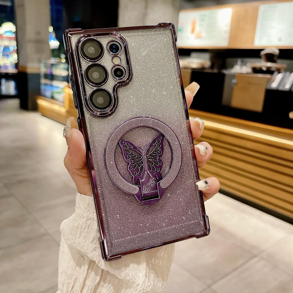 Samsung S25FE Butterfly Flashing Powder Bracket Magnetic Suction Mobile Phone Case Suitable for S24 Four Corner Airbag Anti Fall A06 Protective Case