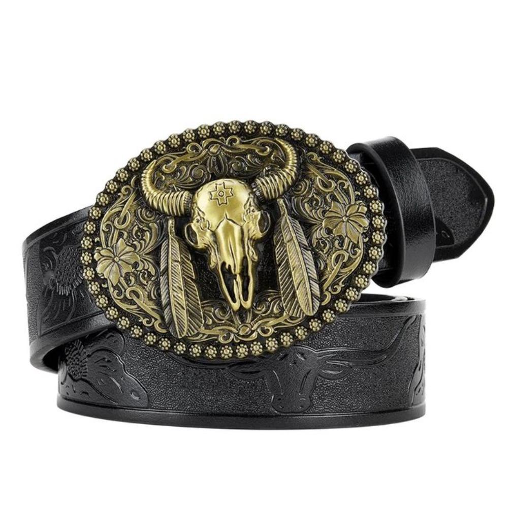 Floral Engraved Cowgirl Buckle Belt Vintage Longhorn Bull Belt Dress Decoration
