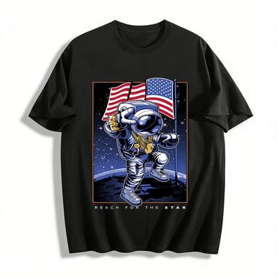 Hip Hop Astronaut Moon Landing Print American Streetwear Tee Pure Cotton T-shirt