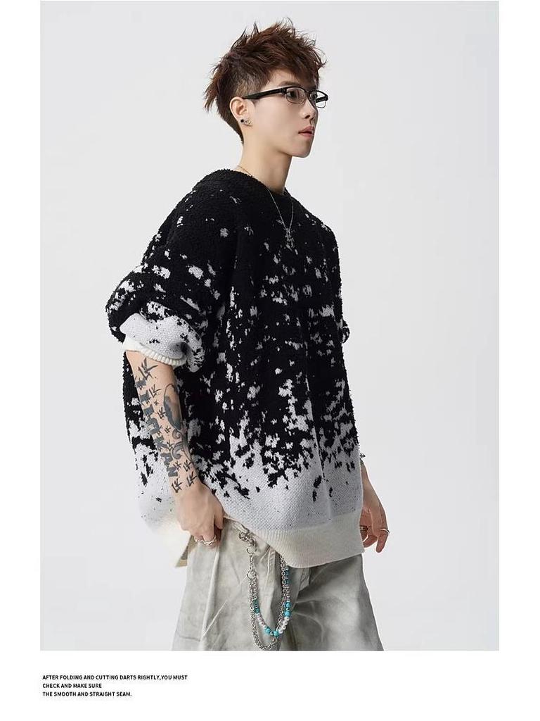 Men's Trendy Red Gradient Snowflake Sweater - Loose Fit, Casual Round Neck, Long Sleeve, Color Block Knitted Top