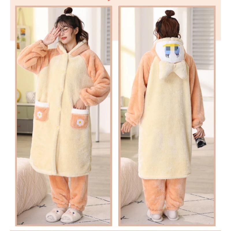 

Зимняя пижама с капюшоном и длинными рукавами, а также штаны. Теплый фланелевый пижамный комплект для женщин. Милый мультяшный кукольный медведь, ролевой халат для игр. S
