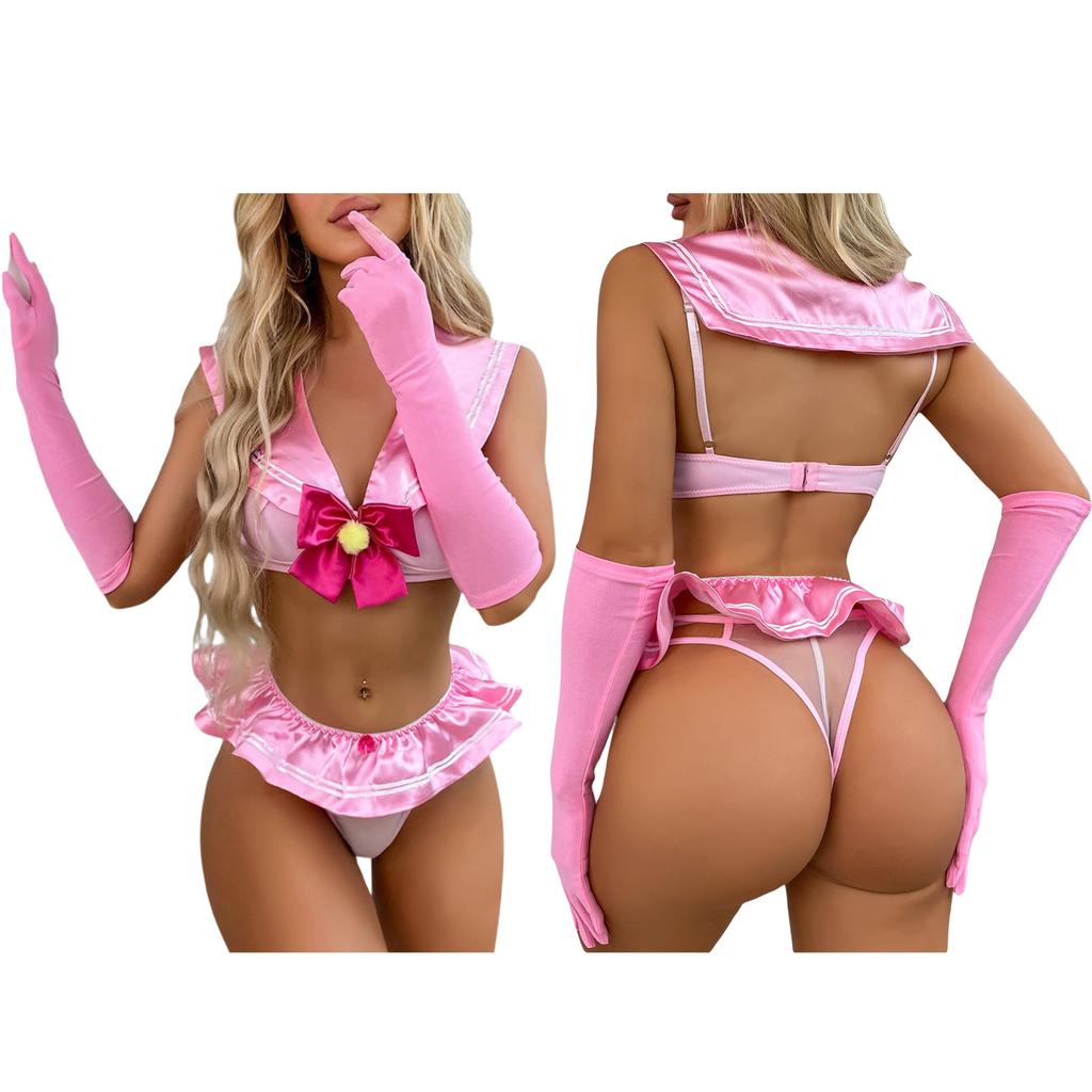 Women Teddy Lingerie Set School Girl Costume Cute Bow Bra and Panties Ruffled Skirt Glove Set for Babydoll Sleepwear