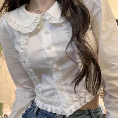 Jaro podzim preppy styl halenka Lolita tuniky oříznuté bílé knoflíčky topy s dlouhým rukávem krajka kawaii košile ženy