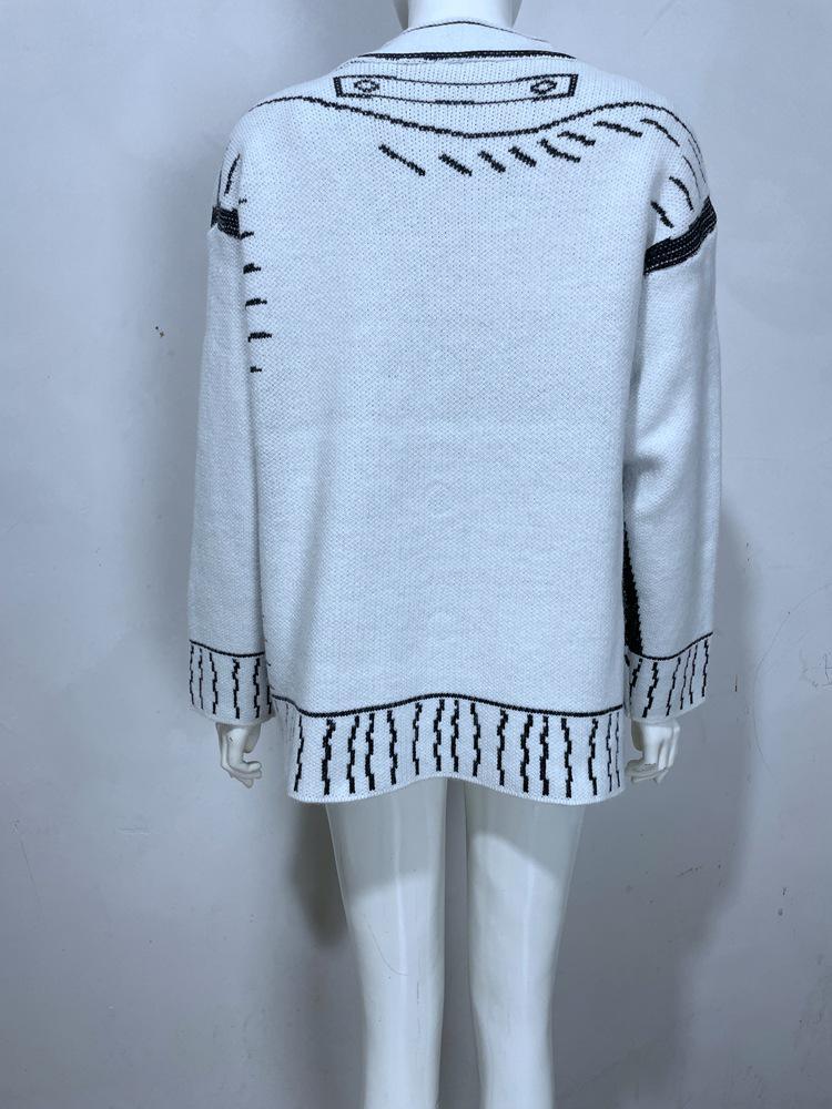 European & American Style Loose Color-block Knit Cardigan with Decorative Pockets for Women