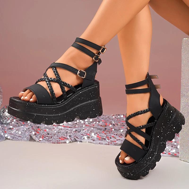 Fashion Cross Band Chunky Platform Sandals Women 2025 Summer Thick Sole Wedges Rome Sandles Woman Super High Heel Gladiator Sandalias 43