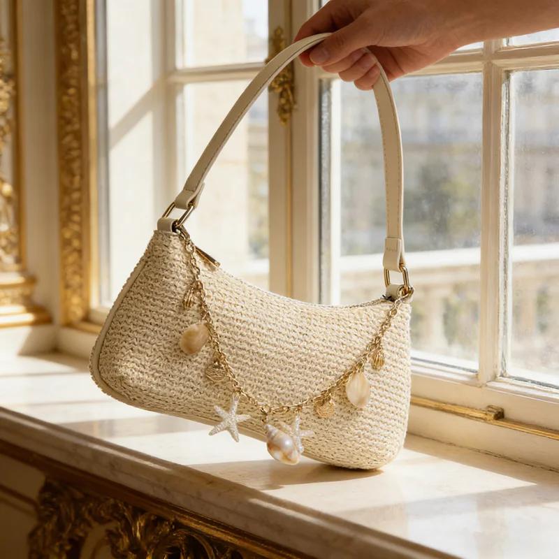 Yogodlns Summer Straw Handbag Purse Chic Weaving Shoulder Bags with Seashell Embellishments Tote Bag for Women Vacation
