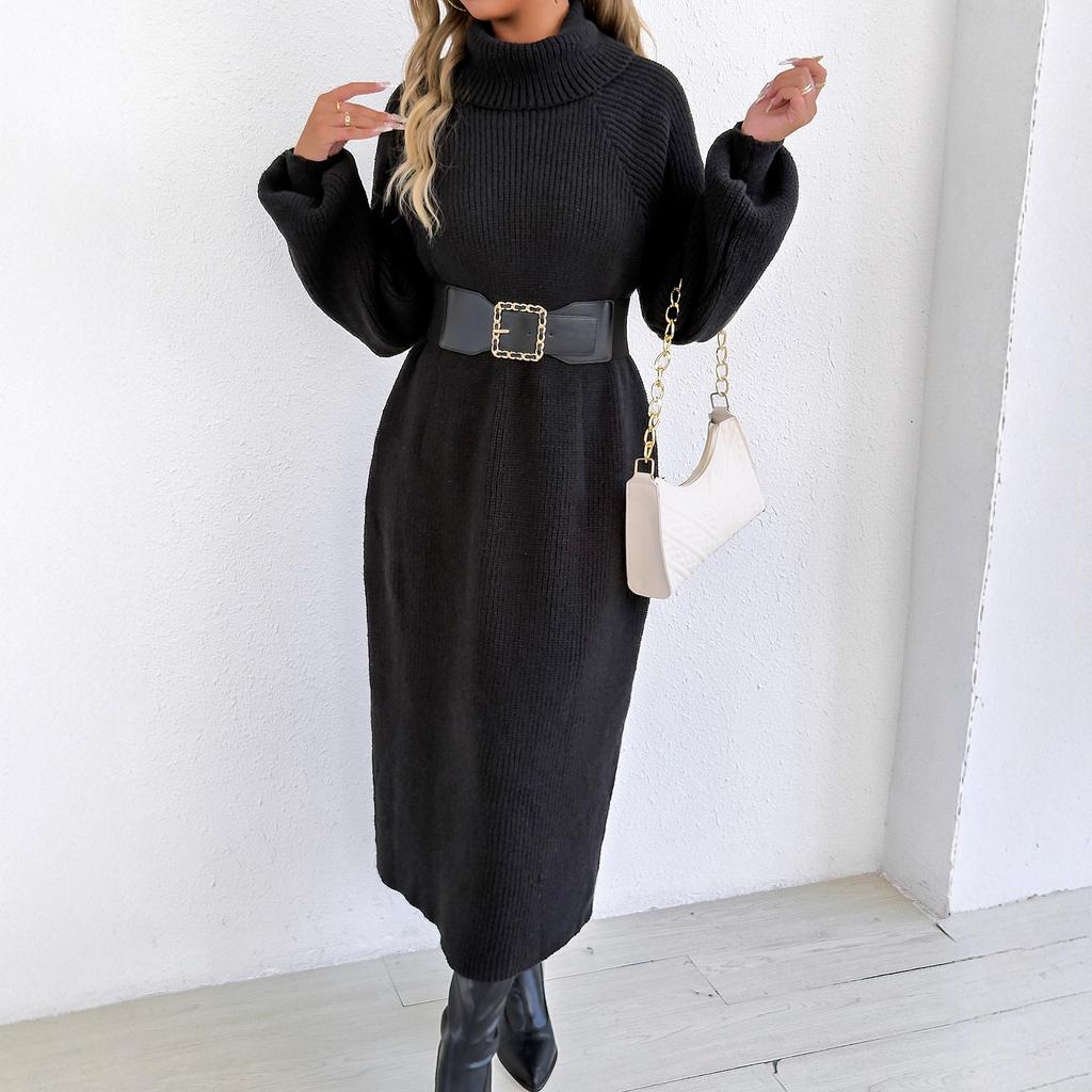 Luźna i swobodna długa sukienka dla kobiet, nowa jesienno-zimowa sukienka swetrowa z wysokim dekoltem i klapami, bez paska
