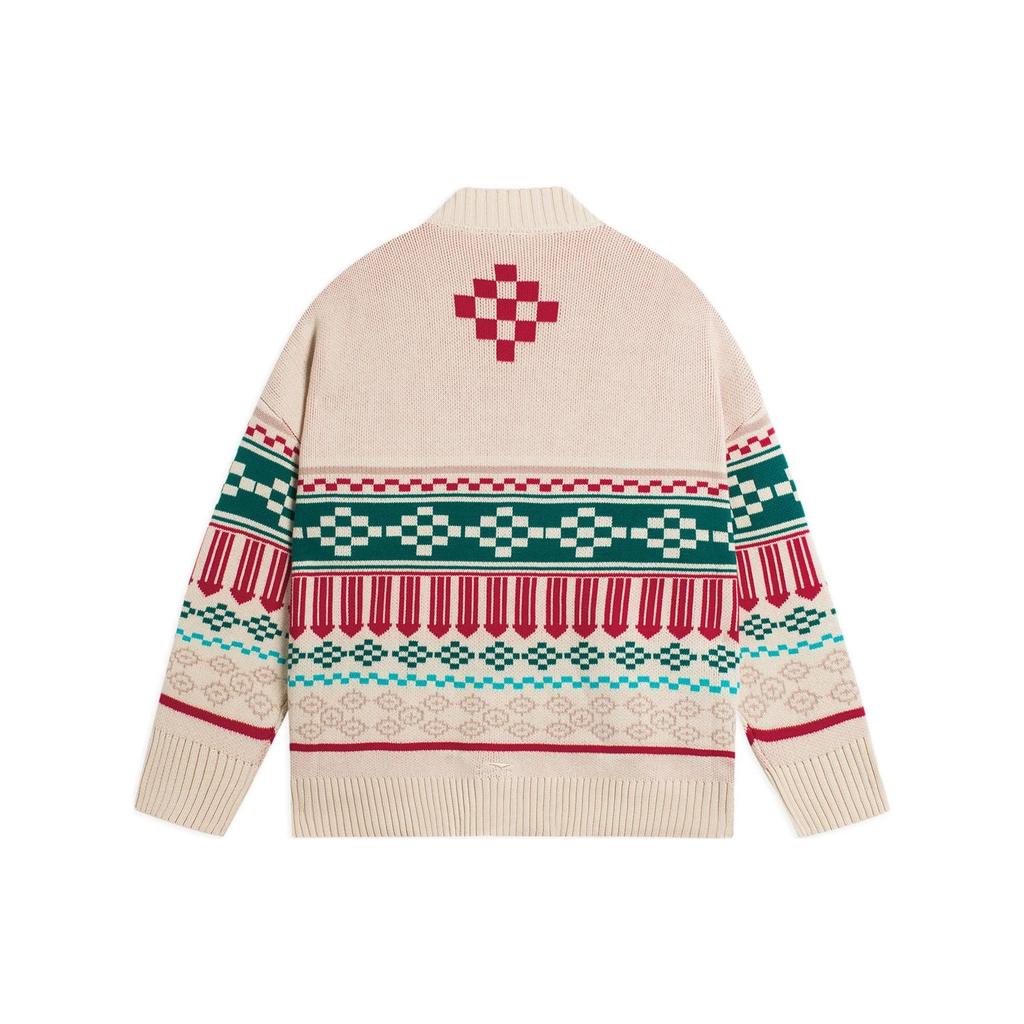 Li Ning Sports Trend Series Embroidered Logo Single-Breasted V-Neck Long Sleeve Knit Top Unisex Tops White AMBS147-1