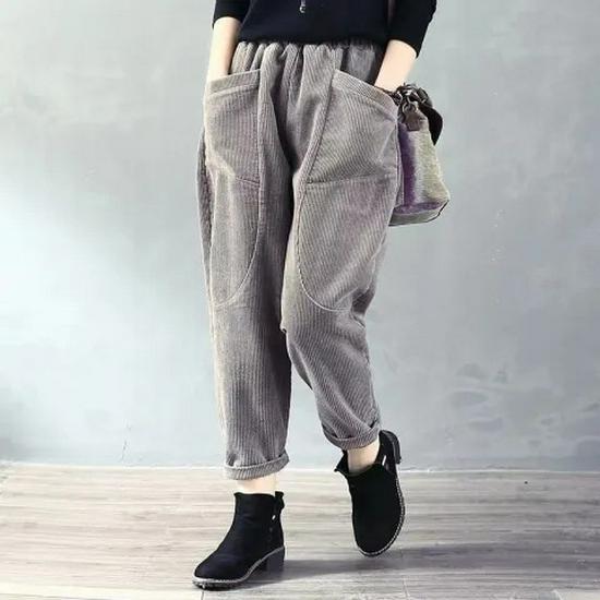 Women's Fleece-Lined Corduroy Harem Pants - Elastic Waist, Plus Size, Casual Carrot Shaped, Perfect for Autumn and Winter