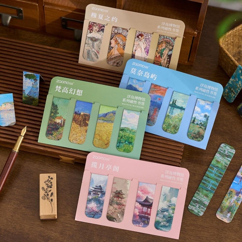 4 Stück Neue Magnetische Magnetische Lesezeichen Künstlerische Designs Retro Lesezeichen Dünn Monet Galerie Seitenklammern Bürobedarf