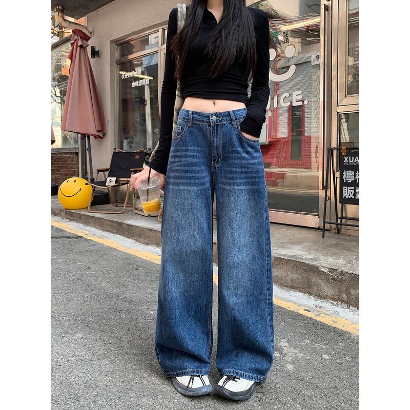

Kumikumi Retro Washed Distressed High Waist Drape Jeans Women clothes Autumn All-Match Loose Slimming Wide Leg Pants Retro Blue XL