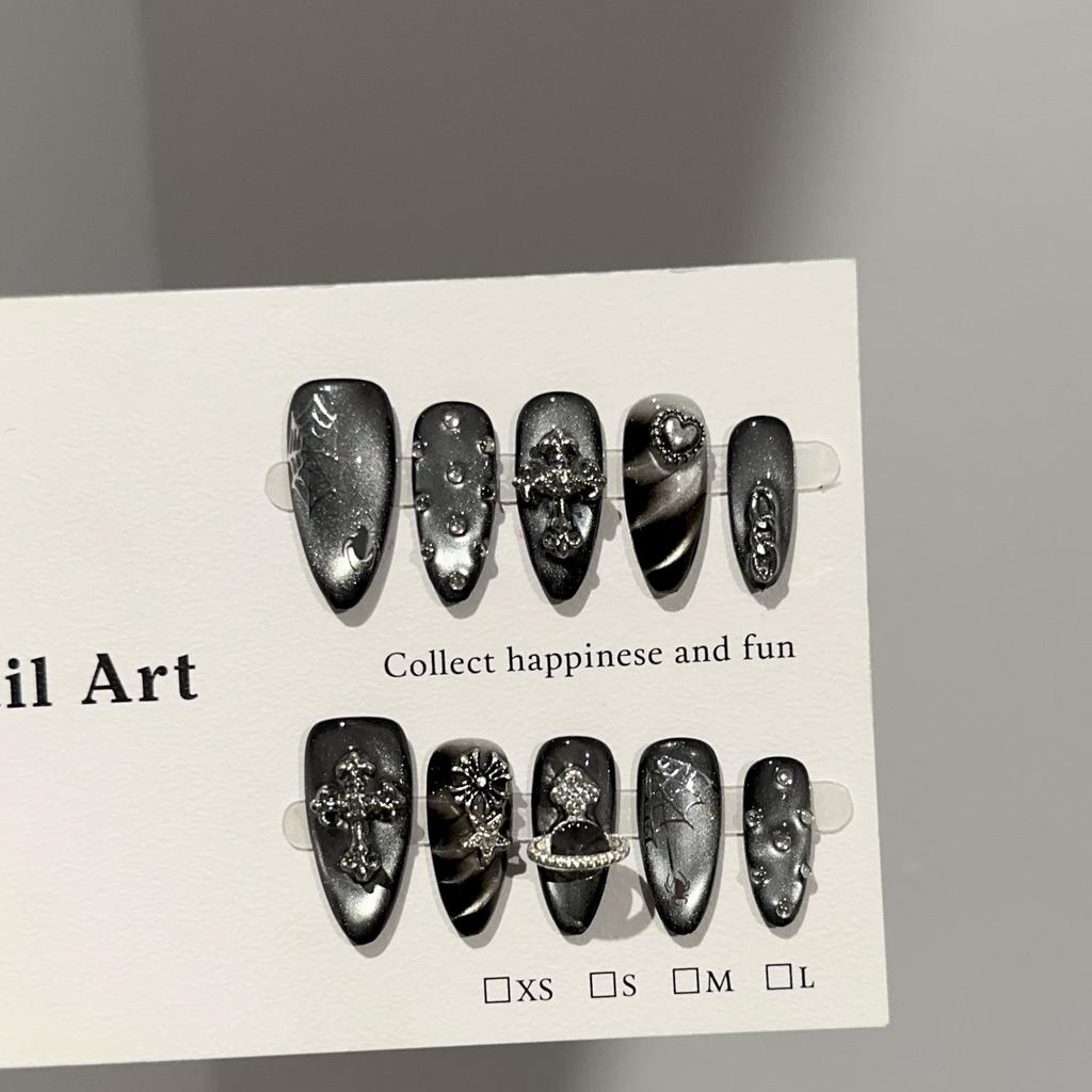 False Nails, Handmade Nail Tips, High-end Dark Silver Cat-eye Nail Art, European and American Punk Style False Nail Stickers.