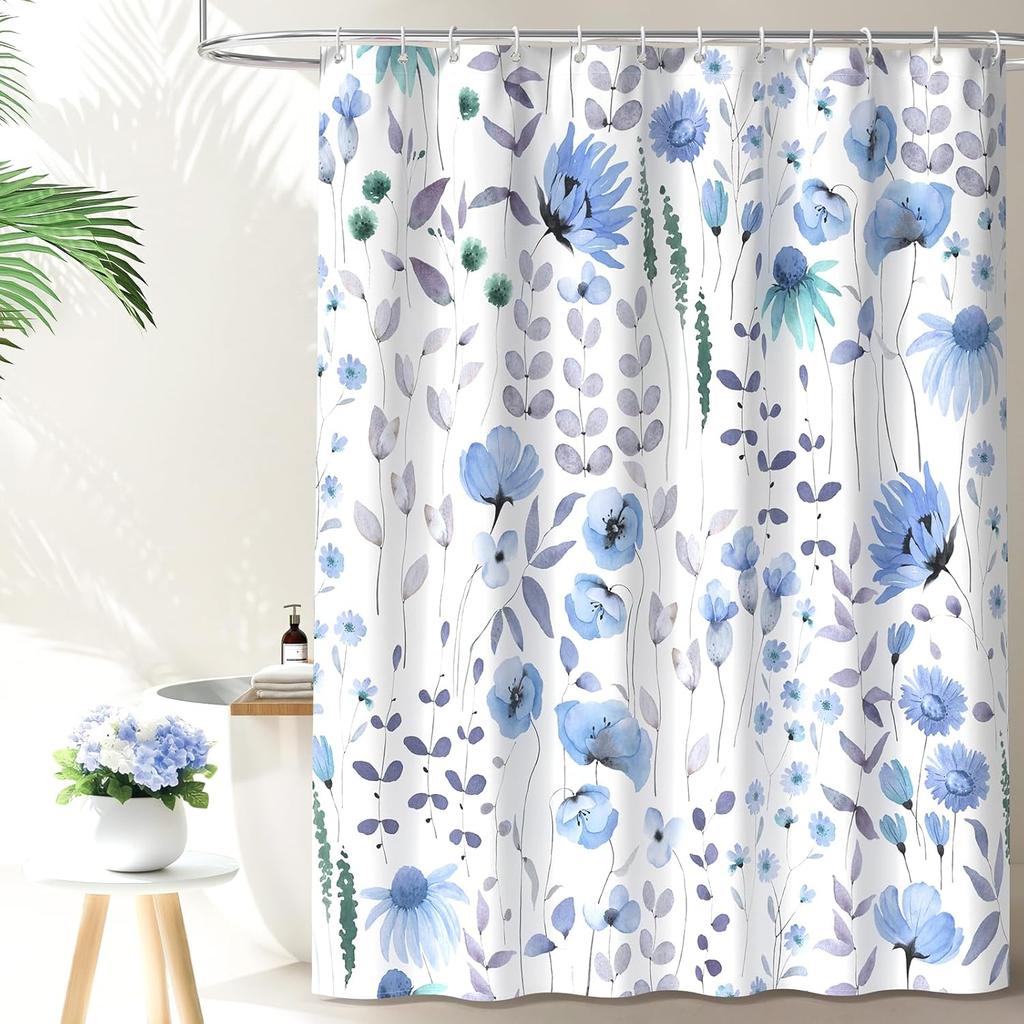Watercolor Floral Shower Curtain, Flowers Print Spring Bathroom Curtain, Wildflowers Home Décor Machine Washable Bath Curtain
