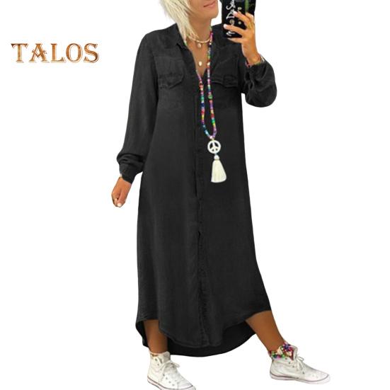 

Осенне-весеннее женское платье однобортное с лацканами, свободный покрой, длинные рукава, нагрудный карман, разрез по низу, платье больших размеров, однотонное, на пуговицах, А-силуэт, повседневная одежда, макси M черный серый