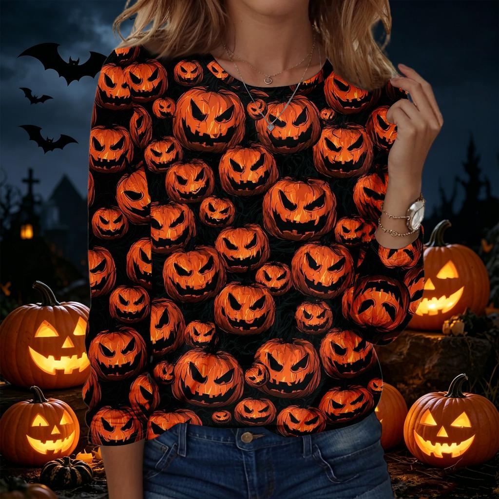 Women's Halloween Printed Crewneck Long Sleeve Pullover Sweatshirt Casual Fit Lightweight Top for Seasonal Wear