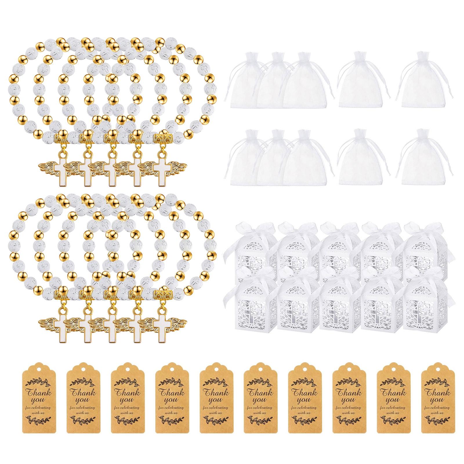 

10 шт. Элегантный подарочный набор для крещения Ангел Крест Четки Браслет и Коробочки для подарков Четки из бусин для молитвы Принадлежности для крещения