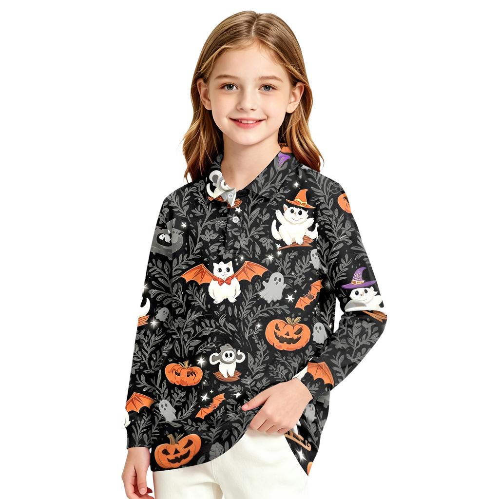 Girls' Long Sleeve Halloween Print School Uniform Blouse for Casual and Formal Wear