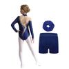 Girls Figure Skating Outfit Long Sleeve Leotard Keyhole Back Sheer Mesh Patchwork Sparkly Rhinestones Set