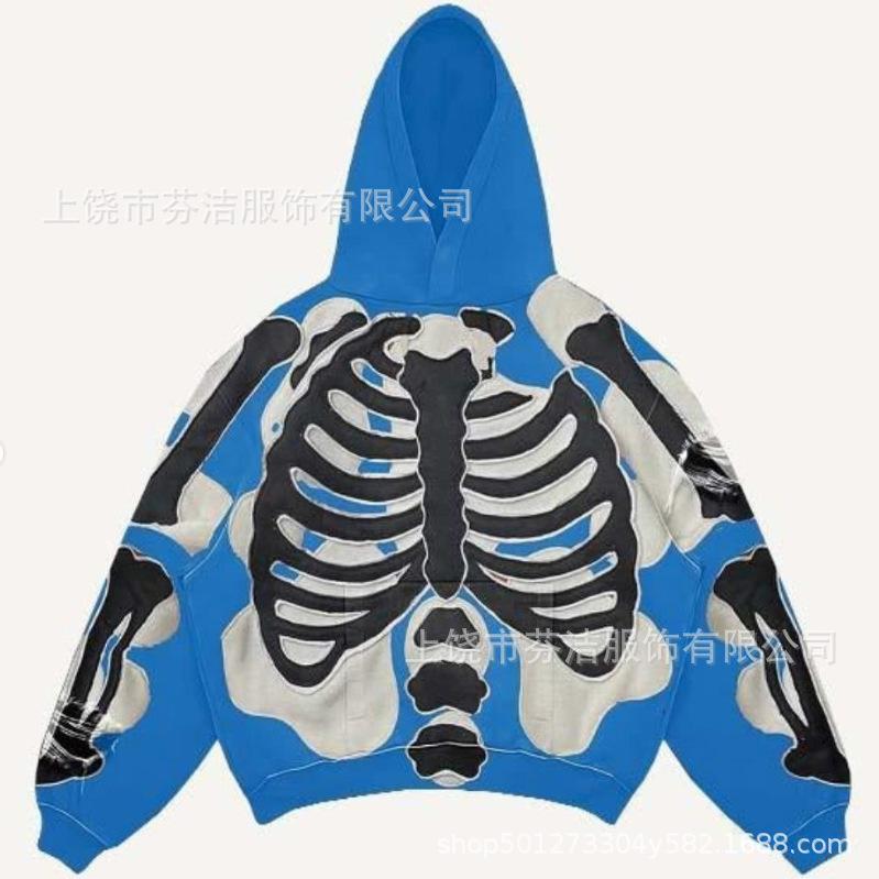 American Flame Skull Frame 3D Printed Hooded Sweatshirt, Vintage High Street Loose Trendy Brand Pullover Sweatshirt