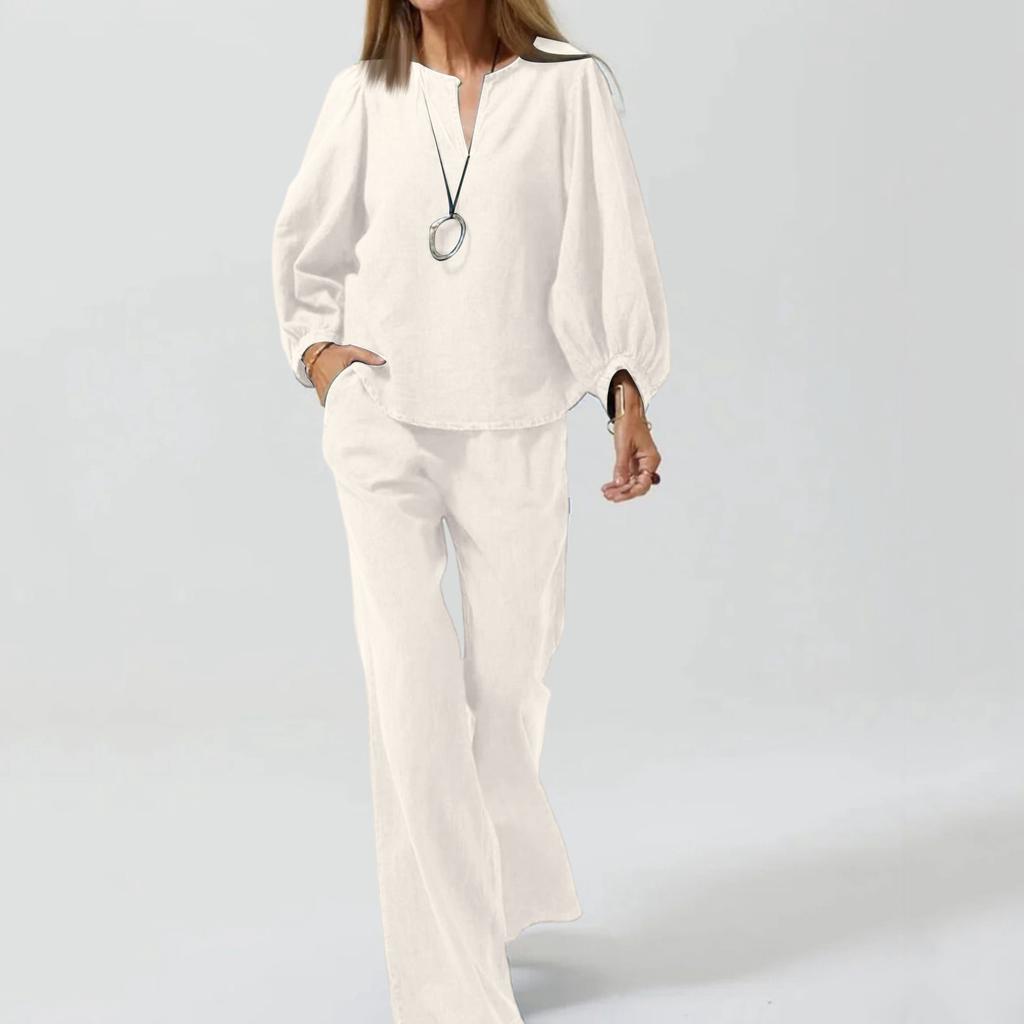 Women's Casual Long Sleeve Cotton Linen V-neck Straight Pants Two-piece Set