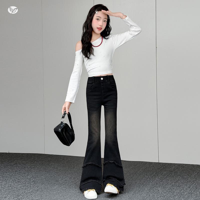 Girls' High Waist Raw Hem Tassel Denim Flare Pants - Autumn 2026 New Arrivals for Medium and Large Children
