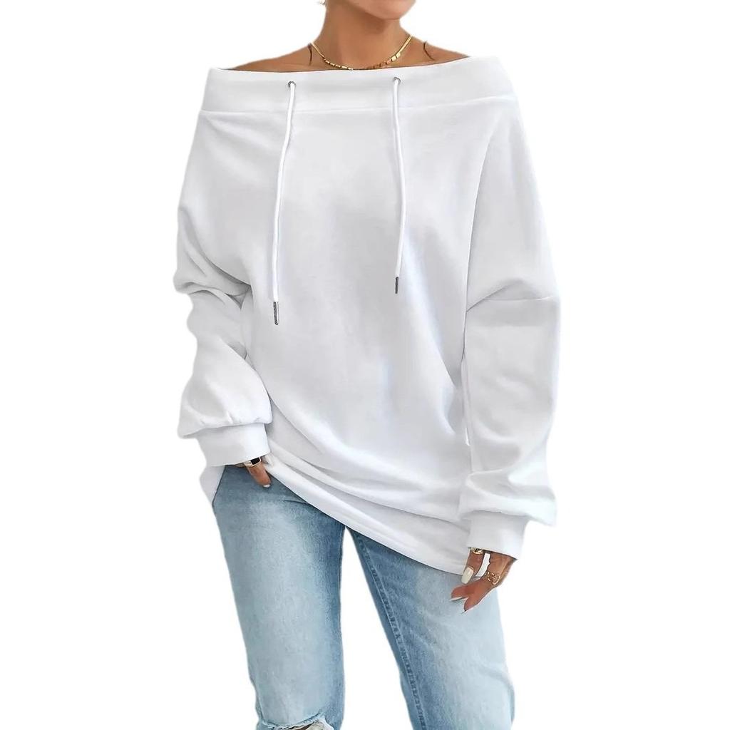 Women's Off Shoulder Long Sleeve Top Loose Fit Casual Solid Color Drawstring Midi Sweatshirt Daily Pullover