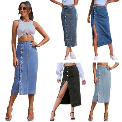 Gonna di Jeans Irregolare con Spacco e Bottoni a Vita Alta a Mezza Lunghezza