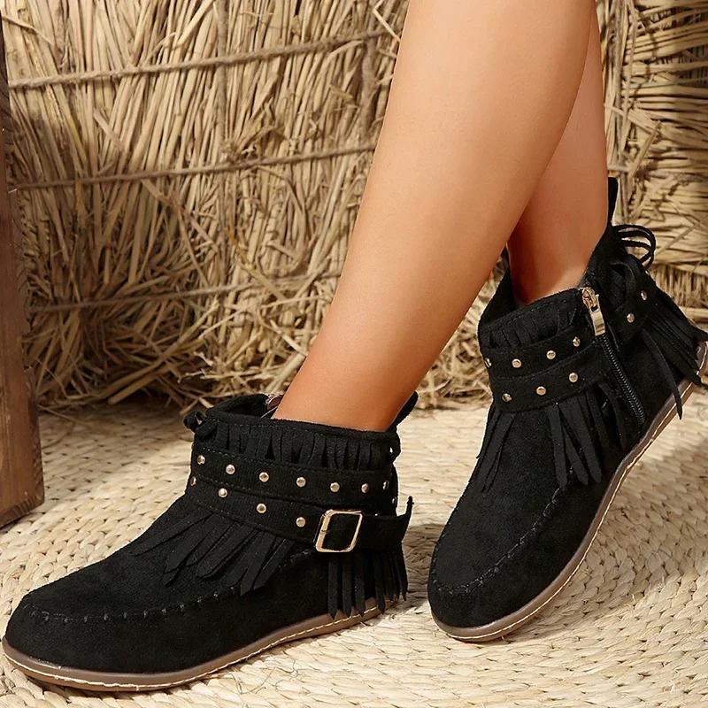 Fashion Women Winter Large Size Rivet Boots Woman Retro Ethnic Western Cowboy Boots Block Flat Heels Tassel Fringe Ankle Boots