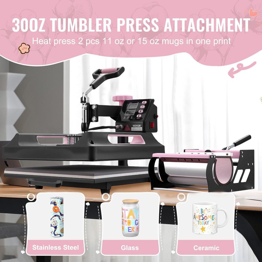 8 in 1 Heat Press Machine 15x15 in 30oz Tumbler Press T-Shirts Black