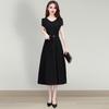 Plus Size Summer Lady Dress Slim Fit A-line Midi Dress Round Neck Short Sleeves Slim Waist Pure Color Mid-calf Length OL Commute