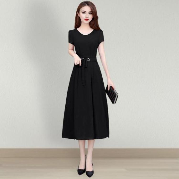 Plus Size Summer Lady Dress Slim Fit A-line Midi Dress Round Neck Short Sleeves Slim Waist Pure Color Mid-calf Length OL Commute