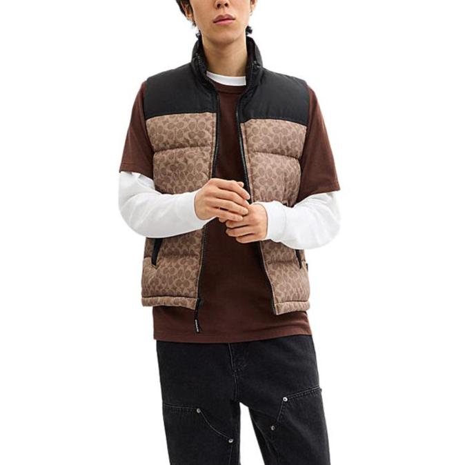 Coach FW24 Color Block Full Print Zip Stand Collar Vest Men vest Brown Yellow CU801-RYU
