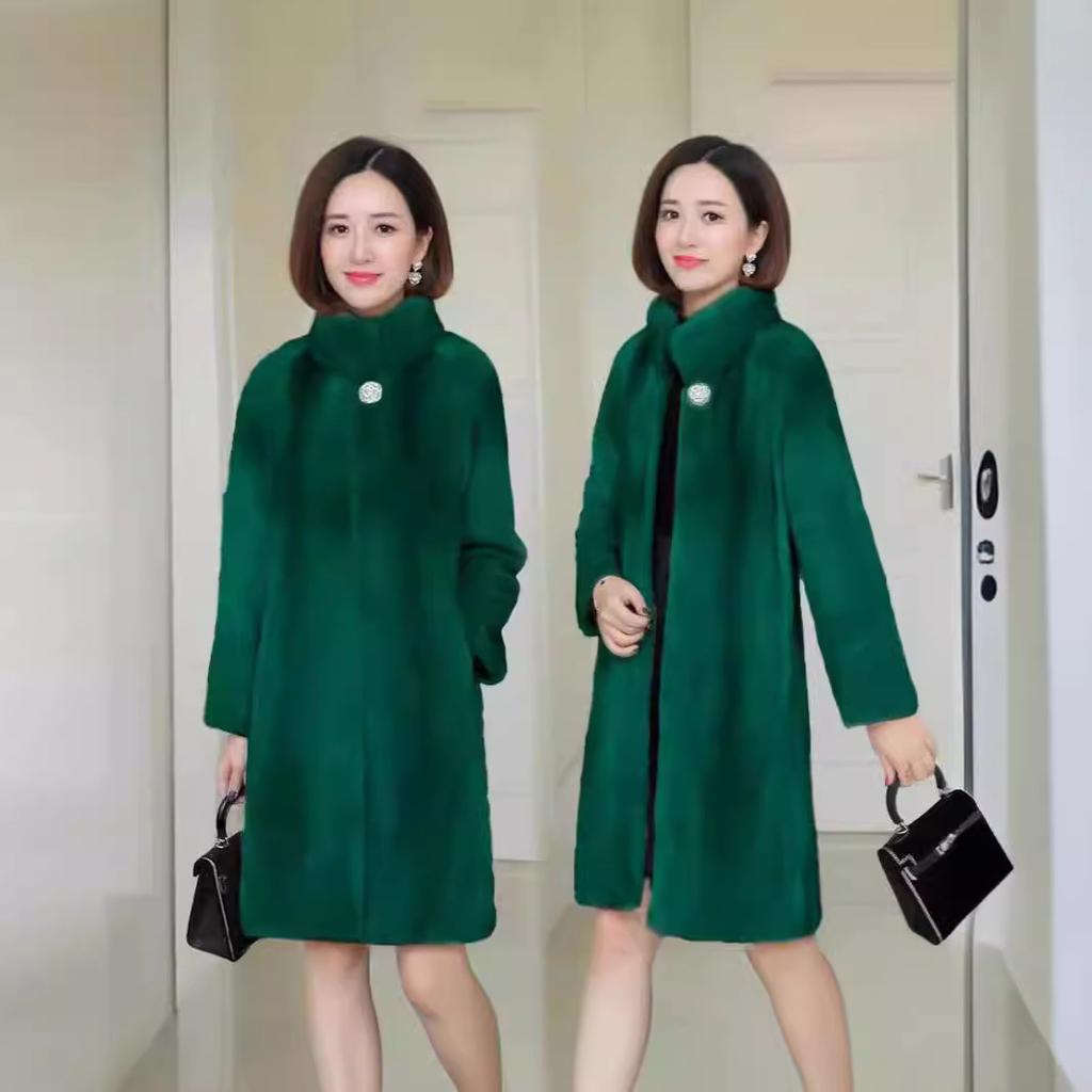 Autumn and winter fur coat women's mid-length imitation mink coat mink fleece plus size women's stand-up collar slim jacket