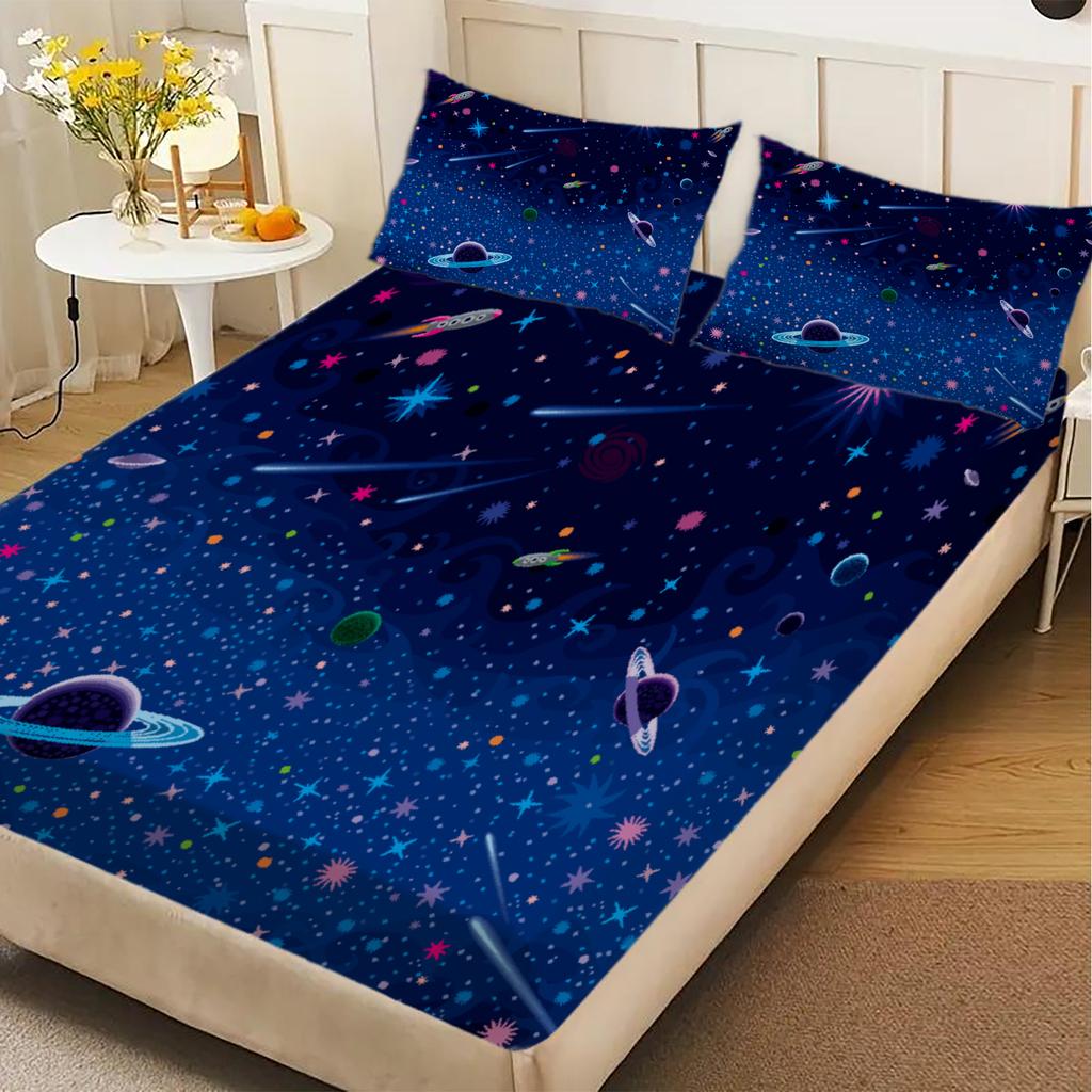 3pcs Fitted Sheet Set Cartoon Style Space Planets Stars Galaxies Cosmos Illustration Printed Bed Sheet With 2 Pillowcases
