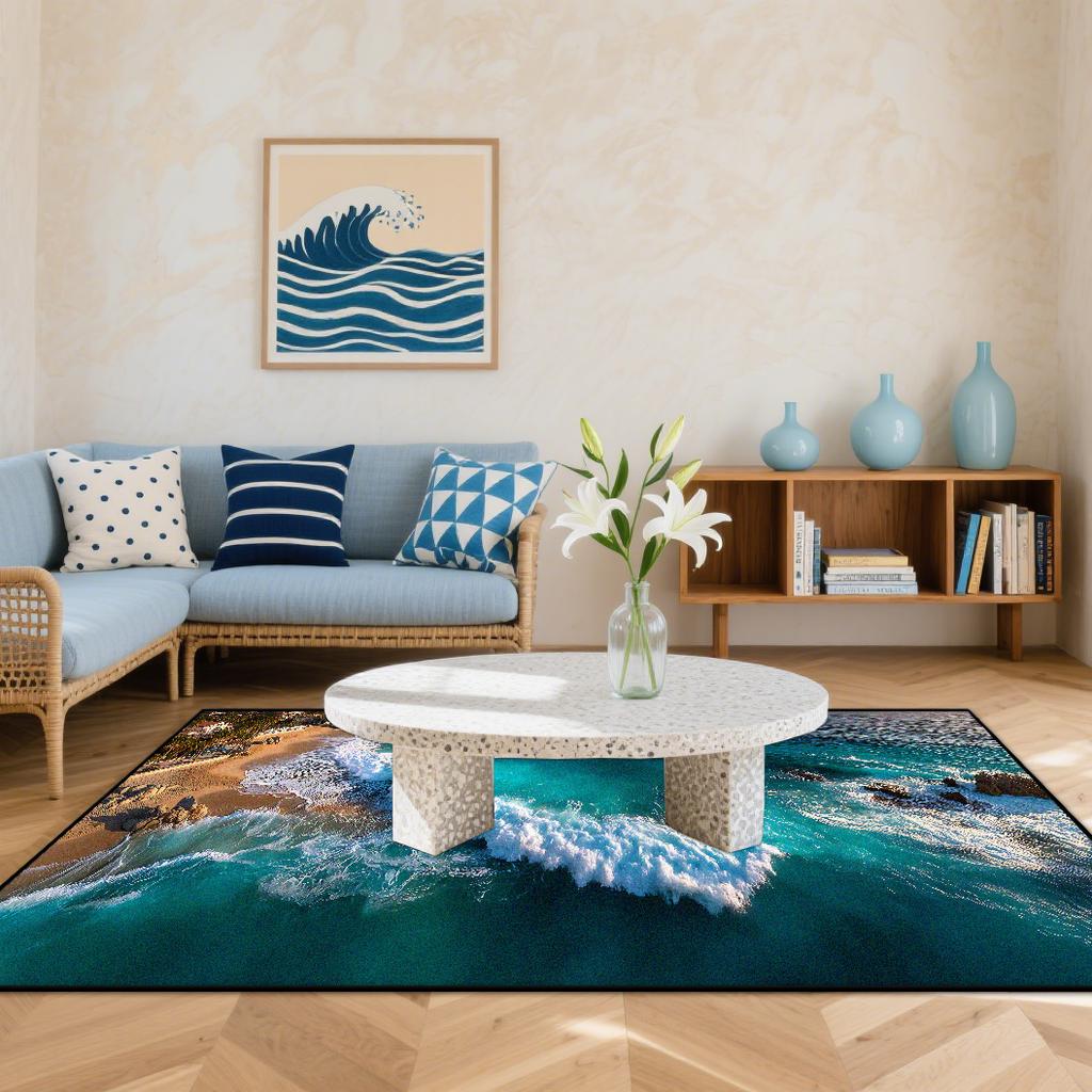 3D Küstenstrandwellen Teppiche Wohnzimmer Cartoon Dekoration Zuhause Großer Teppich Sofabereich Teppich Schlafzimmer Lounge Bodenmatte Waschbar