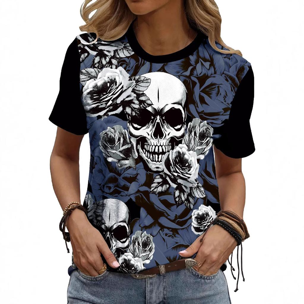 Summer Round Neck 3D Kull Print Top Fashionable Casual Short Sleeved Women's T-shirts