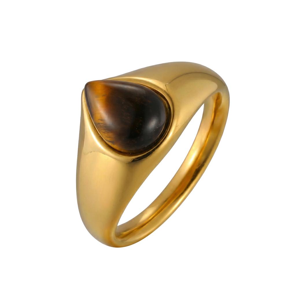 Vnox Romantic Gold Color Heart Water Drop Shaped Natural Stone Ring, Stainless Steel Geometric Natural Tiger Eyes Rings Jewelry