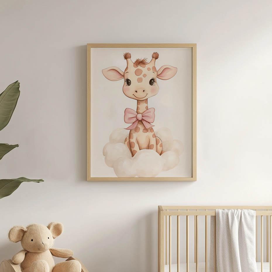 Plakat Mała Żyrafa Na Chmurce Plakat Mała Żyrafa Na Chmurce, 30X40 Cm, Rama Drewniana Jasny Dąb, Papier Matowy 230 Gsm