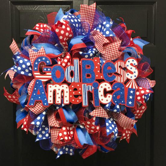 Patriotic Wreath for Front Door Handmade 4th of July Door Hanger Red White Blue American Wooden Hanging Plaque for Wall Porch Memorial Day Decor