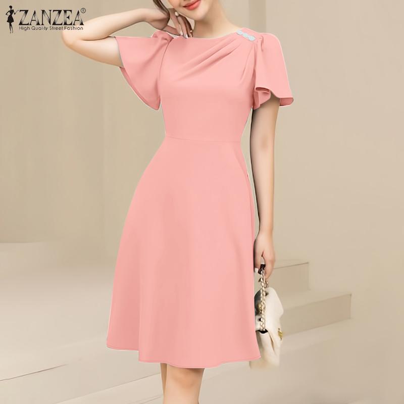 ZANZEA Vestido Casual de Verano para Mujer de Cuello Redondo y Manga Corta Holgado