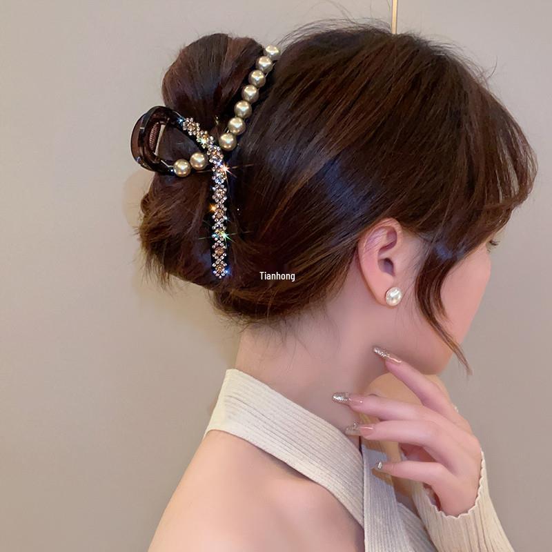 2025 Koreanische Perle Strass Krallenklemme: Leichter Luxus Diamant Hai Hochsteckfrisur Haarnadel