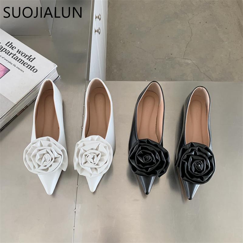 Fashion SUOJIALUN 2025 Autumn Women Flat Shoes Fashion Big Flower Ladies Ballerinas Shoes Pointed Toe Shallow Slip On Dress Flat Ballet