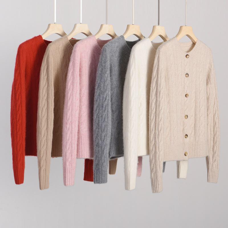 Damen Kaschmir Zopfmuster Cardigan - Rundhalsausschnitt, Langarm, Unifarben, Knopfleiste Pullovermantel für Herbst/Winter