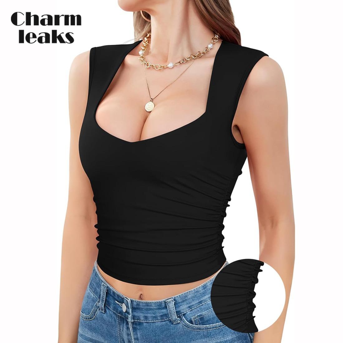 

CHARMLEAKS Укороченный топ на бретельках со встроенными бюстгальтерами для женщин, летний укороченный топ с квадратным воротником, повседневные базовые топы для йоги S розовый