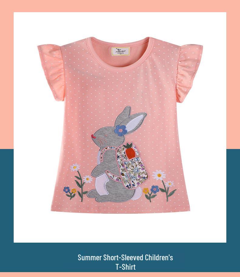 2026 Summer Girls' Cotton Cartoon Print T-shirt - Breathable, Casual Trendy Top for Kids