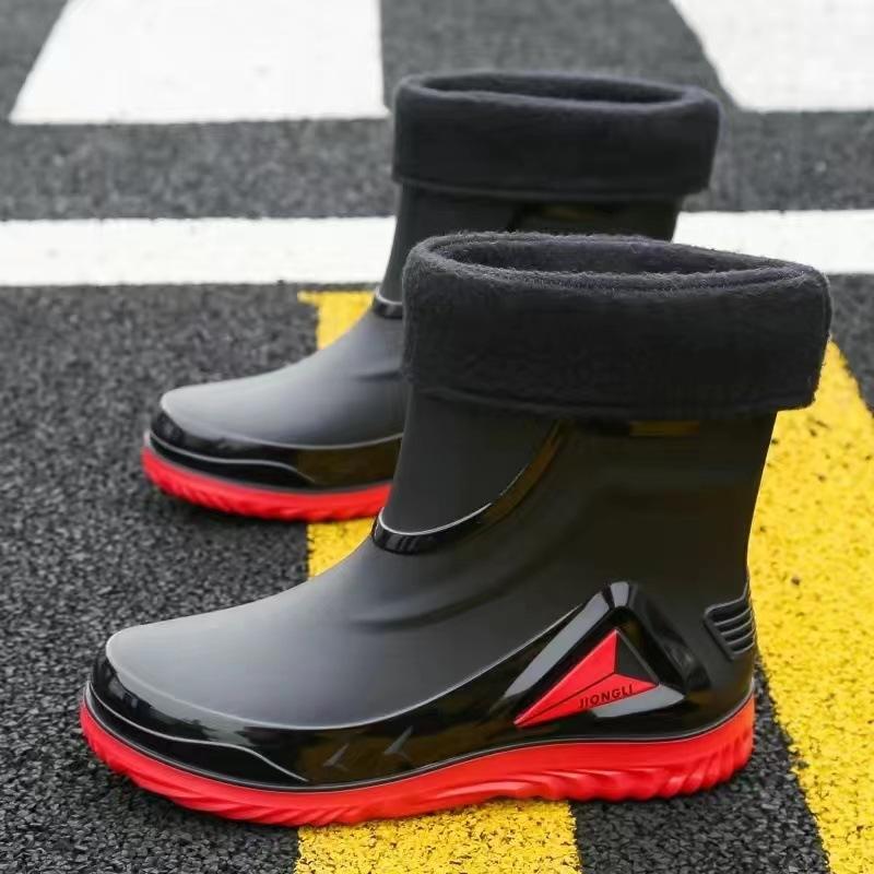 Winter Warm Fur Rain Boots Men's Waterproof Drawstring Shoes Non-Slip Flat Fashion Take Out Rider Autumn Summer Spring Black Red