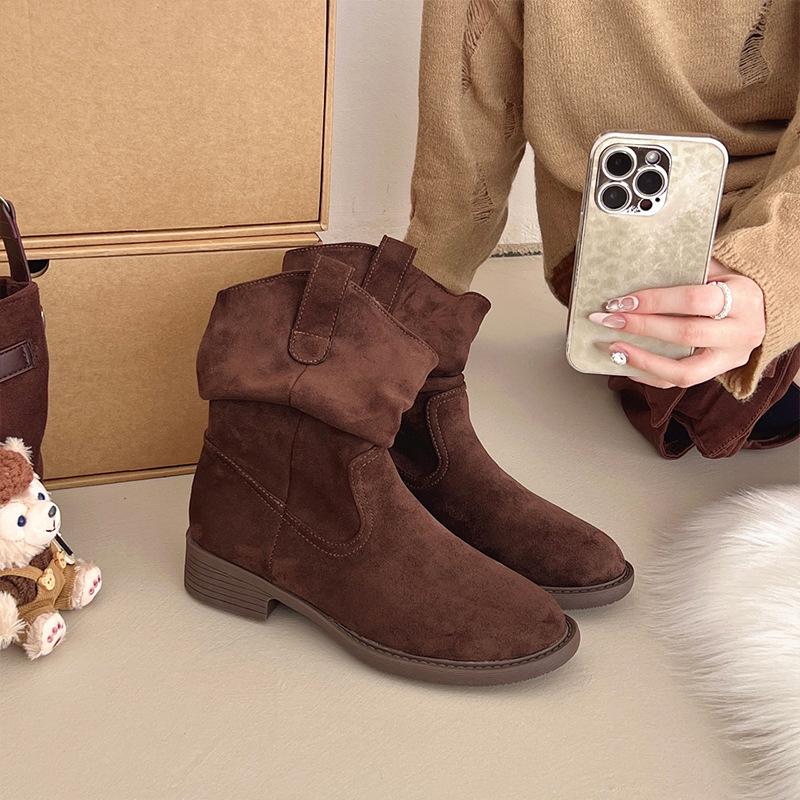 Maillard Western Folded Short Boots Women's Spring and Autumn Single Boots Pile Boots Retro British Style Small Thick Heel Martin Boots